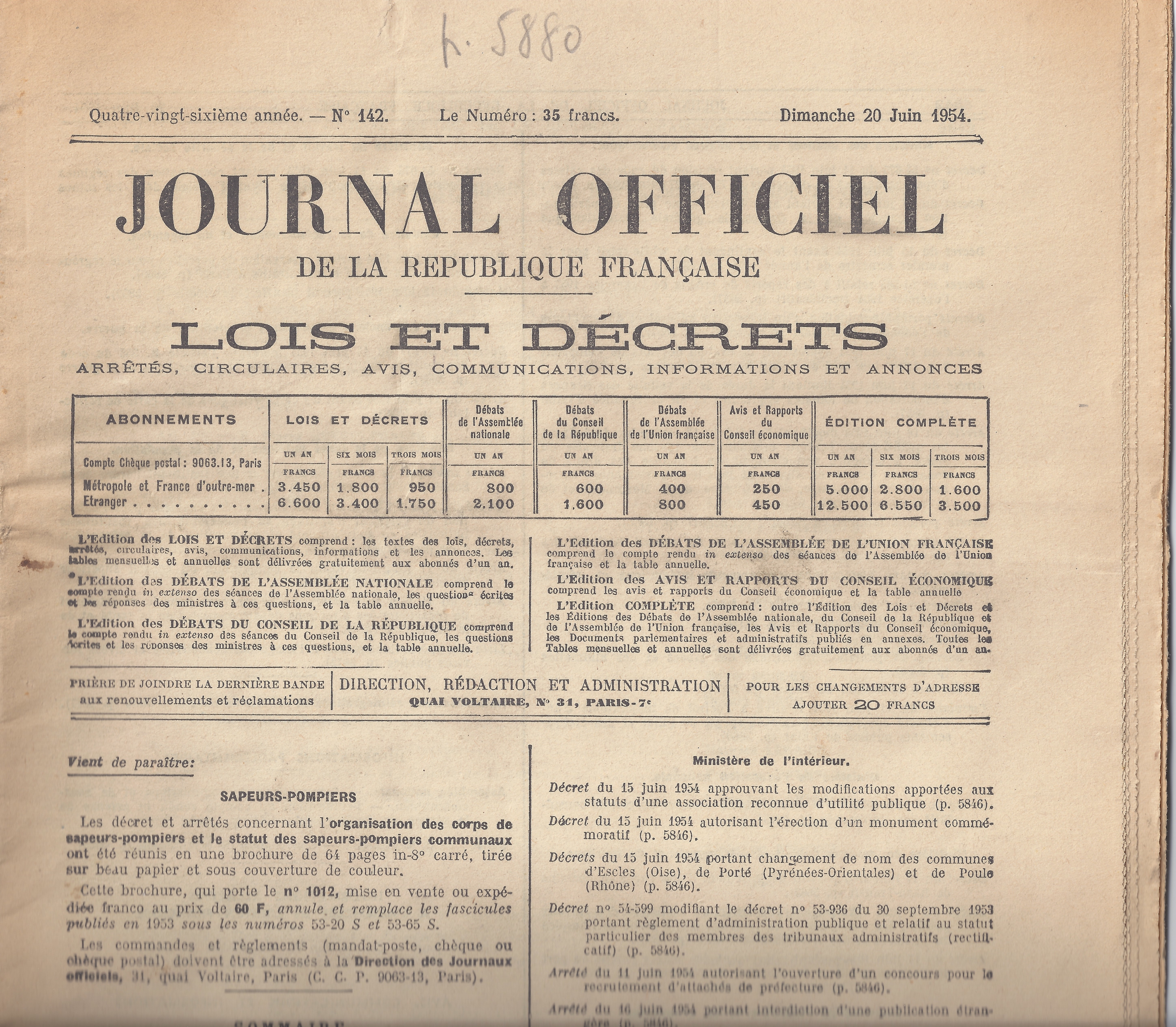 Journal Officiel du Dimanche 20 Juin 1954